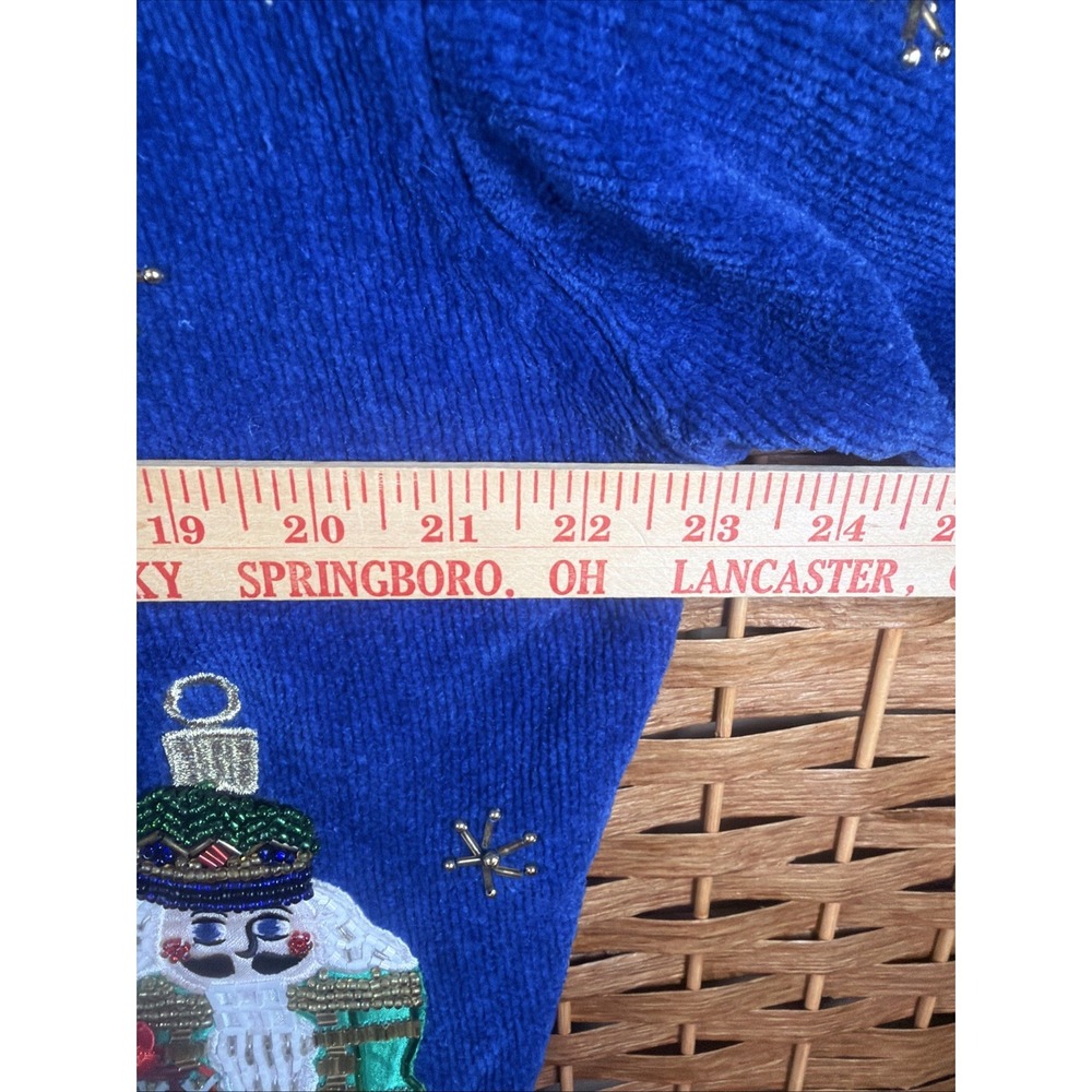 VTG Christopher Radko Christmas Zip Up Cardigan XL Beaded Nutcracker Blue - Picture 10 of 14